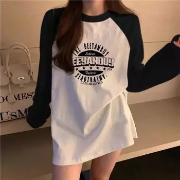 Весенне-осенняя винтажная футболка с буквенным принтом, женские футболки Harajuku с длинным рукавом и круглым вырезом, повседневная футболка большого размера, женские топы с блокировкой цвета y2k, уличная одежда M