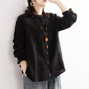 Весенне-осенняя винтажная хлопково-льняная повседневная рубашка в этническом стиле, женская свободная модная блузка с круглым вырезом и пуговицами, женская с длинным рукавом M оранжевый