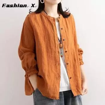 Весенне-осенняя винтажная хлопково-льняная повседневная рубашка в этническом стиле, женская свободная модная блузка с круглым вырезом и пуговицами, женская с длинным рукавом S оранжевый