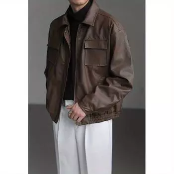 Весенне-осенняя высококачественная свободная кожаная куртка, рабочая одежда, крутая и прочная мотоциклетная куртка в ретро-стиле из искусственной кожи, мужские и женские стили S чёрный