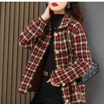 Весенне-осенняя высококлассная верхняя одежда из искусственного норкового бархата, утепленная свободная куртка, вязаное модное женское пальто с решетчатыми лацканами M