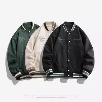 Весенне-осенняя замшевая бейсбольная одежда для мужчин и женщин, кардиган с вышивкой на пуговицах, молодежная повседневная куртка, мужская трендовая куртка M чёрный