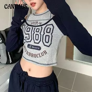 Весенне-осенняя женская блузка без бретелек с круглым вырезом и длинным рукавом с буквенным принтом M синий