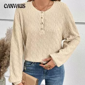 Весенне-осенняя женская блузка больших размеров с текстурой мышц и круглым вырезом, повседневные топы с длинными рукавами S белый