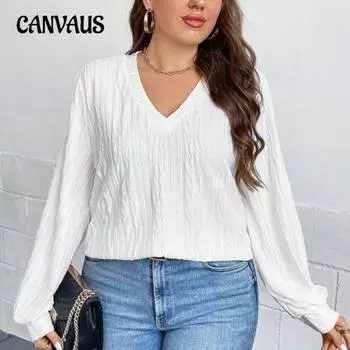 Весенне-осенняя женская блузка больших размеров с v-образным вырезом, однотонный свободный повседневный топ с длинными рукавами 0XL белый