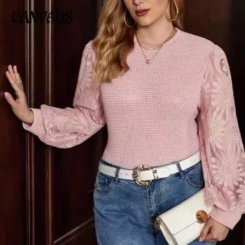 Весенне-осенняя женская блузка больших размеров с цветными блоками и рукавами-фонариками, вафельный вязаный топ с длинными рукавами