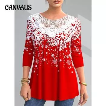 Весенне-осенняя женская блузка больших размеров с кружевным принтом и рождественским элементом, свободный топ с длинными рукавами S