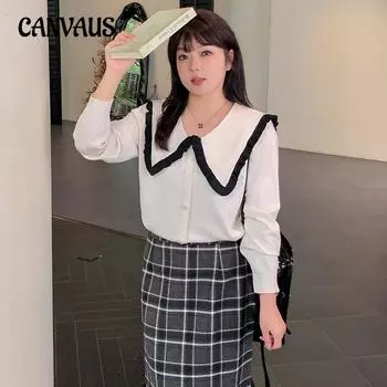 Весенне-осенняя женская блузка больших размеров Sweet Aging Doll Collar Tops Loose Knitwear XL чёрный