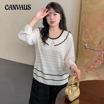 Весенне-осенняя женская блузка больших размеров с милым кукольным воротником и ажурным верхом, с длинными рукавами, трикотаж из ледяного шелка XL чёрный