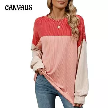 Весенне-осенняя женская блузка больших размеров с длинным круглым вырезом, контрастные цвета, топ средней длины с рукавами S красный