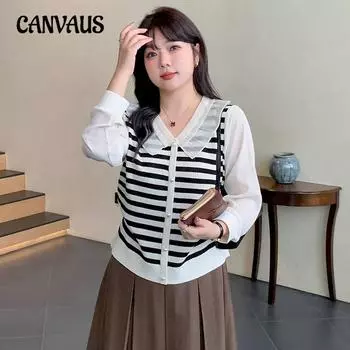 Весенне-осенняя женская блузка больших размеров с кружевным воротничком и полосатой рубашкой из трикотажа из ледяного шелка XL чёрный