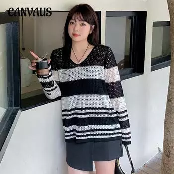 Весенне-осенняя женская блузка больших размеров с V-образным вырезом, ажурные топы, полосатая рубашка, свободный трикотаж с длинным рукавом XL чёрный