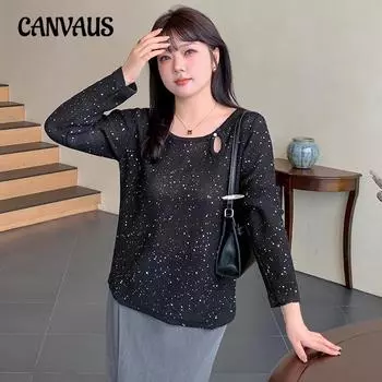 Весенне-осенняя женская блузка больших размеров с вырезами, топы с пуговицей, бисер, длинный рукав, трикотаж XL чёрный