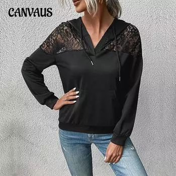 Весенне-осенняя женская блузка, черная толстовка с капюшоном, топ с длинными рукавами S чёрный