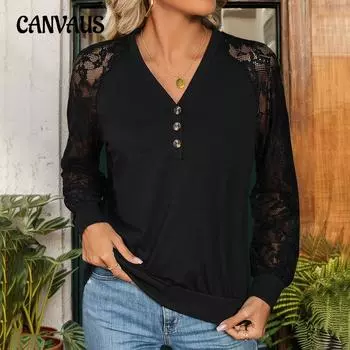 Весенне-осенняя женская блузка, кружевной топ с длинными рукавами в стиле пэчворк S чёрный