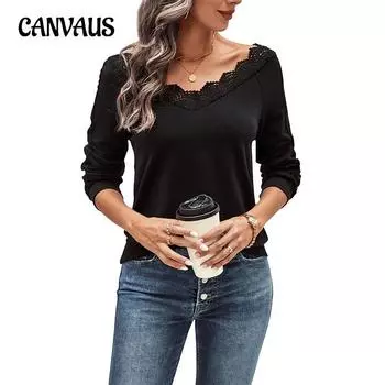 Весенне-осенняя женская блузка, модная однотонная толстовка с v-образным вырезом, топ с длинными рукавами S чёрный