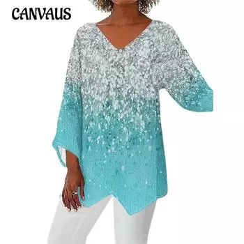 Весенне-осенняя женская блузка, модная свободная футболка с v-образным вырезом и длинным рукавом с блестками и звездным принтом