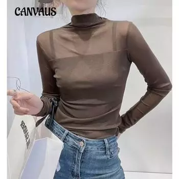 Весенне-осенняя женская блузка, модная универсальная тонкая и тонкая однотонная эластичная сетчатая рубашка с длинными рукавами и большой резинкой M чёрный