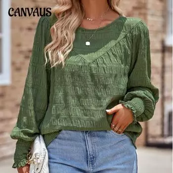 Весенне-осенняя женская блузка, модный повседневный однотонный топ с круглым вырезом и длинными рукавами в стиле пэчворк S армия зеленый