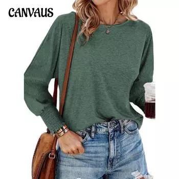 Весенне-осенняя женская блузка, модный свободный топ с длинными рукавами и круглым вырезом с манжетами S белый