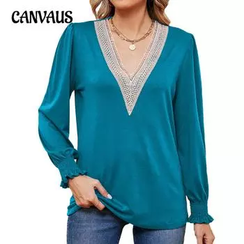 Весенне-осенняя женская блузка, однотонная кружевная блузка с v-образным вырезом, свободные топы с длинными рукавами S чёрный