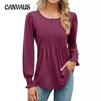 Весенне-осенняя женская блузка, однотонная, повседневная, с объемными рукавами, круглым вырезом и длинными рукавами, топ S чёрный