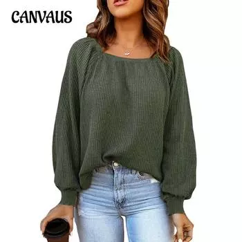 Весенне-осенняя женская блузка, однотонная, с квадратным вырезом, свободный повседневный топ с длинными рукавами S чёрный