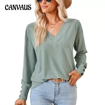 Весенне-осенняя женская блузка, однотонная, с v-образным вырезом, жаккардовыми пуговицами, свободные топы с длинными рукавами S чёрный