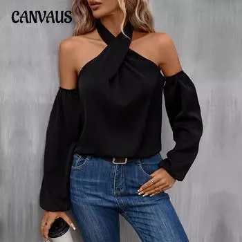 Весенне-осенняя женская блузка, однотонная сексуальная блузка без бретелек с длинным рукавом, топ S чёрный