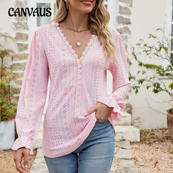 Весенне-осенняя женская блузка, однотонное кружевное лоскутное платье с v-образным вырезом, свободный топ с длинными рукавами S белый