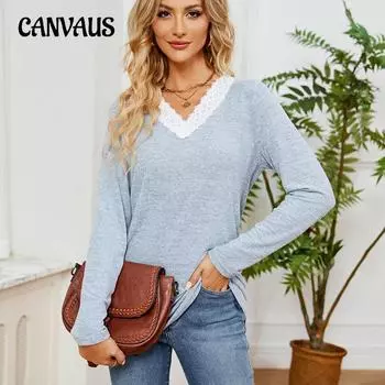 Весенне-осенняя женская блузка, однотонные свободные топы с длинными рукавами и v-образным вырезом S чёрный