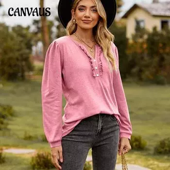 Весенне-осенняя женская блузка, однотонные топы с длинными рукавами и v-образным вырезом на пуговицах, деревянные кромки ушек и объемные рукава S розовый