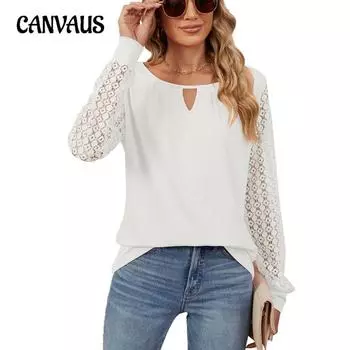 Весенне-осенняя женская блузка, однотонный кружевной свободный топ с длинными рукавами S белый