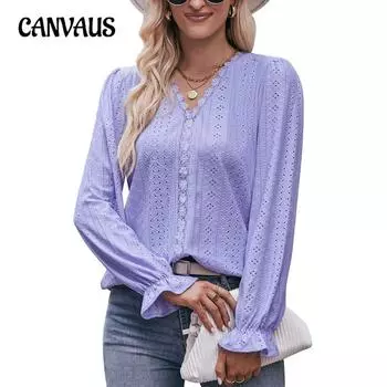 Весенне-осенняя женская блузка, однотонный кружевной топ с v-образным вырезом и длинными рукавами S фиолетовый