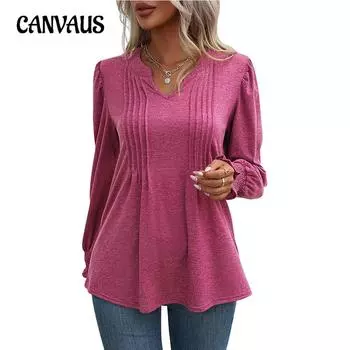 Весенне-осенняя женская блузка, однотонный повседневный топ с объемными рукавами, топ с длинными рукавами и v-образным вырезом
