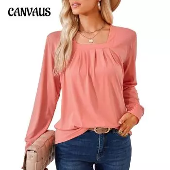 Весенне-осенняя женская блузка, однотонный, с квадратным вырезом, плиссированный жаккардовый свободный топ с длинными рукавами