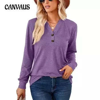 Весенне-осенняя женская блузка, однотонный свободный топ с длинными рукавами на пуговицах и v-образным вырезом