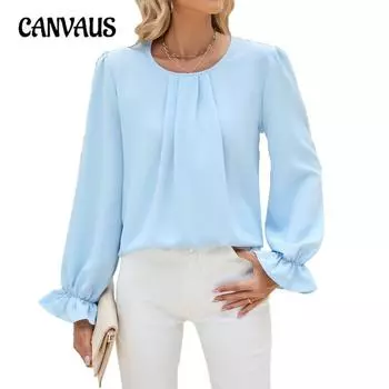 Весенне-осенняя женская блузка, однотонный свободный топ с длинным рукавом и круглым вырезом S белый