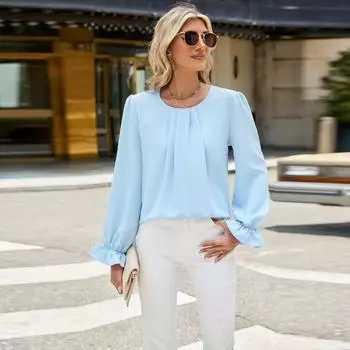 Весенне-осенняя женская блузка, однотонный свободный топ с длинным рукавом и круглым вырезом S белый