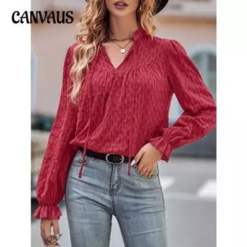 Весенне-осенняя женская блузка, однотонный тонкий топ с v-образным вырезом и длинными рукавами S чёрный