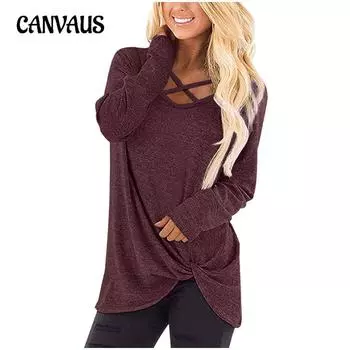 Весенне-осенняя женская блузка, однотонный топ с длинными рукавами и крестиком