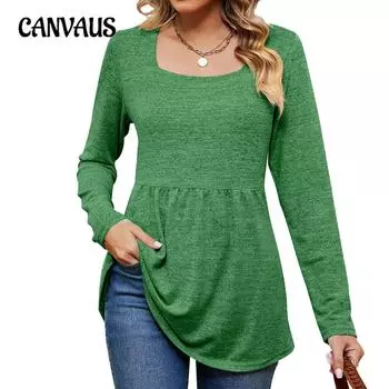 Весенне-осенняя женская блузка, однотонный топ с квадратным вырезом, длинной талией и длинными рукавами S чёрный