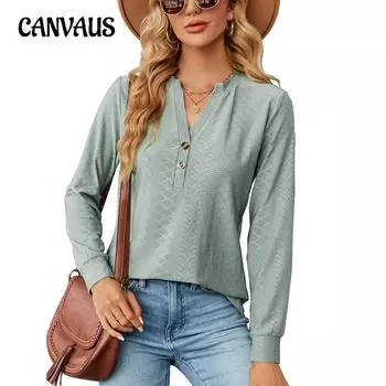 Весенне-осенняя женская блузка, однотонный жаккардовый свободный топ с длинными рукавами и v-образным вырезом на пуговицах S чёрный