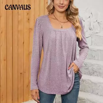 Весенне-осенняя женская блузка, плиссированный однотонный топ с квадратным вырезом и длинными рукавами S чёрный