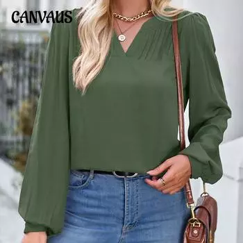 Весенне-осенняя женская блузка, повседневная, с v-образным вырезом, тонкий однотонный трендовый топ с длинными рукавами S белый