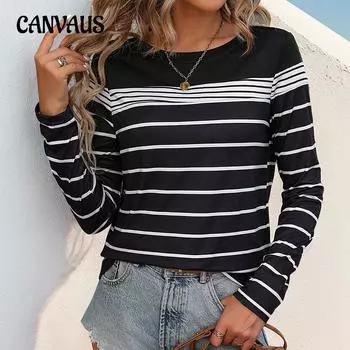 Весенне-осенняя женская блузка, повседневный полосатый топ с длинными рукавами S чёрный