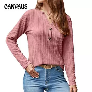 Весенне-осенняя женская блузка, повседневный вязаный топ с длинными рукавами и v-образным вырезом на пуговицах S чёрный