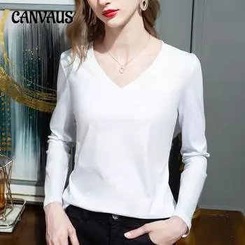 Весенне-осенняя женская блузка, простой пуловер с v-образным вырезом, свободный двусторонний топ с длинными рукавами S белый
