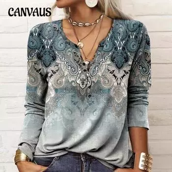 Весенне-осенняя женская блузка размера плюс с длинным рукавом и принтом в этническом стиле, модная футболка