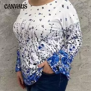 Весенне-осенняя женская блузка размера плюс с цветочным принтом, топ с длинными рукавами, футболка с круглым вырезом, топ XL красный